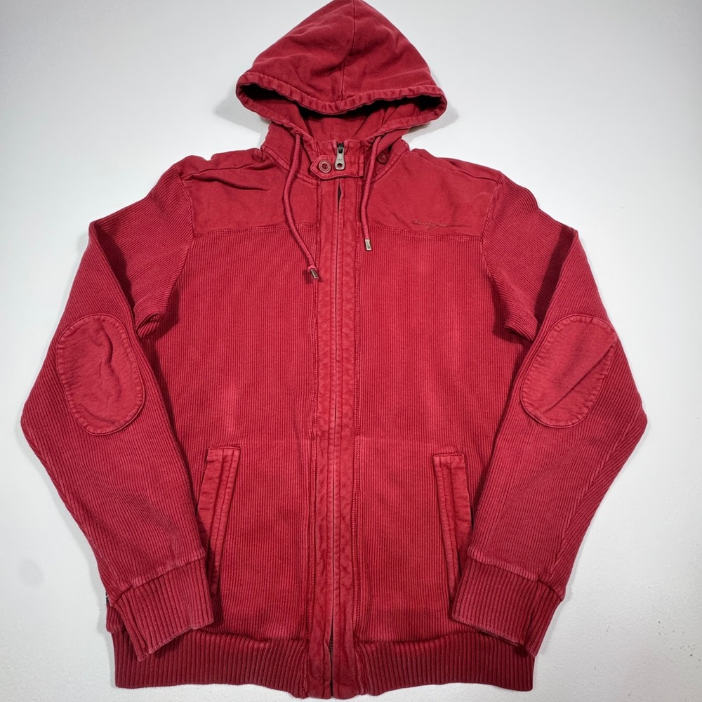 Chevignon Premium Mens Red Ribbed Full Zip Hoodie XL Cotton Elbow‎ Patches 1957